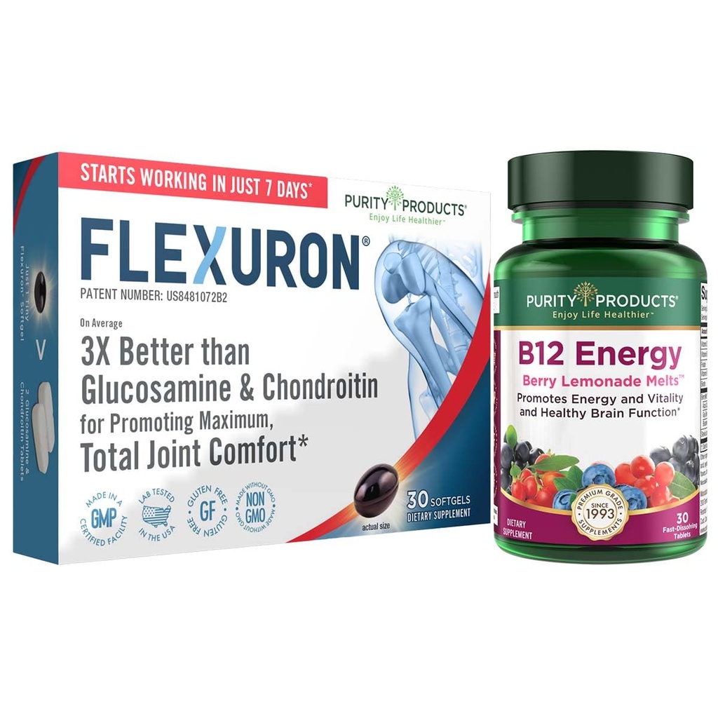 Produse de puritate Formula comună Flexuron + B-12 Energie Melt Flexuron (Oil Krill, Acid hialuronic cu greutate moleculară mică, Astexantină) - Melt de energie B12 (Metilcobalamină B12, vitamina D3, biotină + mai mult)