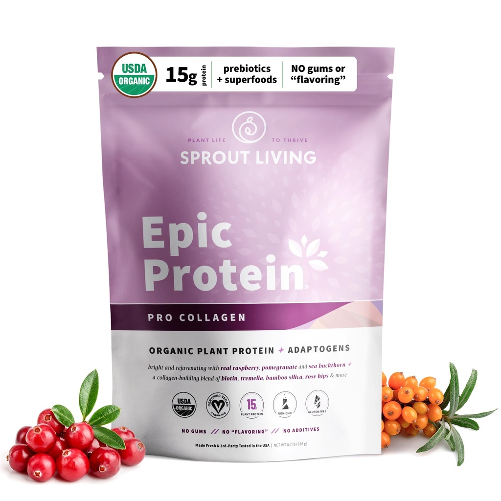 Sprout Living Epic Proteine, Pe bază de plante Proteine & Superalimente Pulbere, Pro Colagen, Berry 