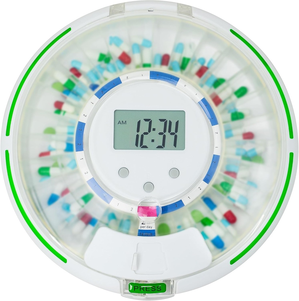 Automatic Pill Dispenser,Lock 28-Day Medication Organizator, Până la 6 Doze pe zi, 6 Modele de dozare, Sound & Light Alerts & Key pentru vitamine, Suplimente (Lidul îngheţat)