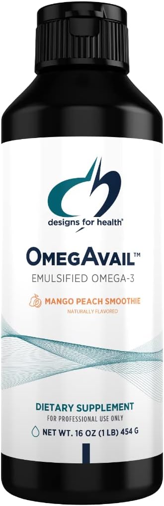 Proiectări pentru sănătate OmegAvail Smoothie - Omega 3 TG Trigliceride ulei de pește Emulsie cu DHA + EPA - Supliment lichid pentru suport cardiovascular + Brain, Mango Peach Flavor (43 Servings / 16oz)