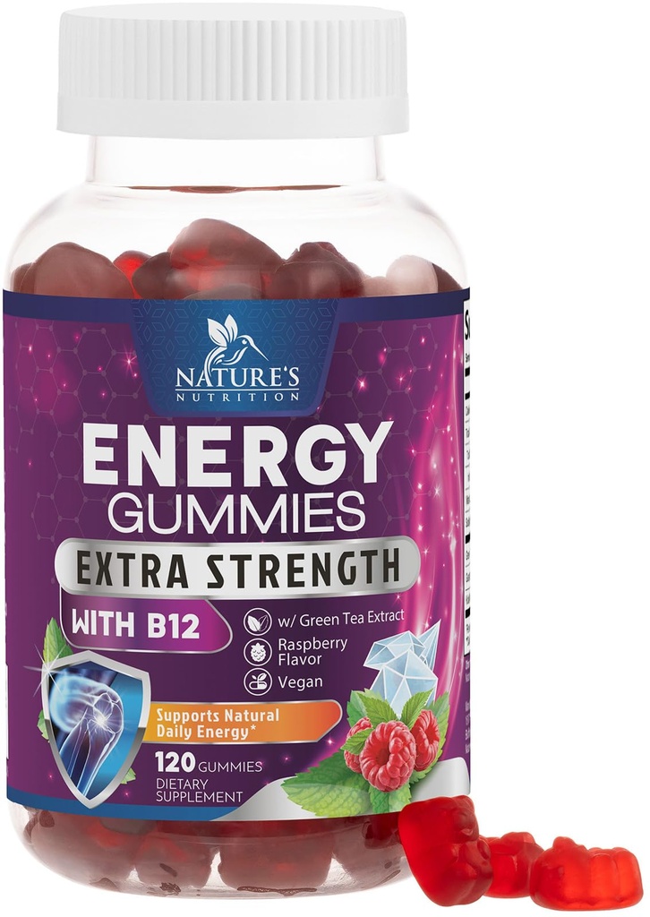Gume de energie 1000mcg - cu vitamina B12, Ceai verde Cafeina Natural Suport, Gume de energie de zi cu zi - Aroma delicioasa Berry B12 Suplimentul de exercitii pentru rularea ciclism si sport - 120 Chews