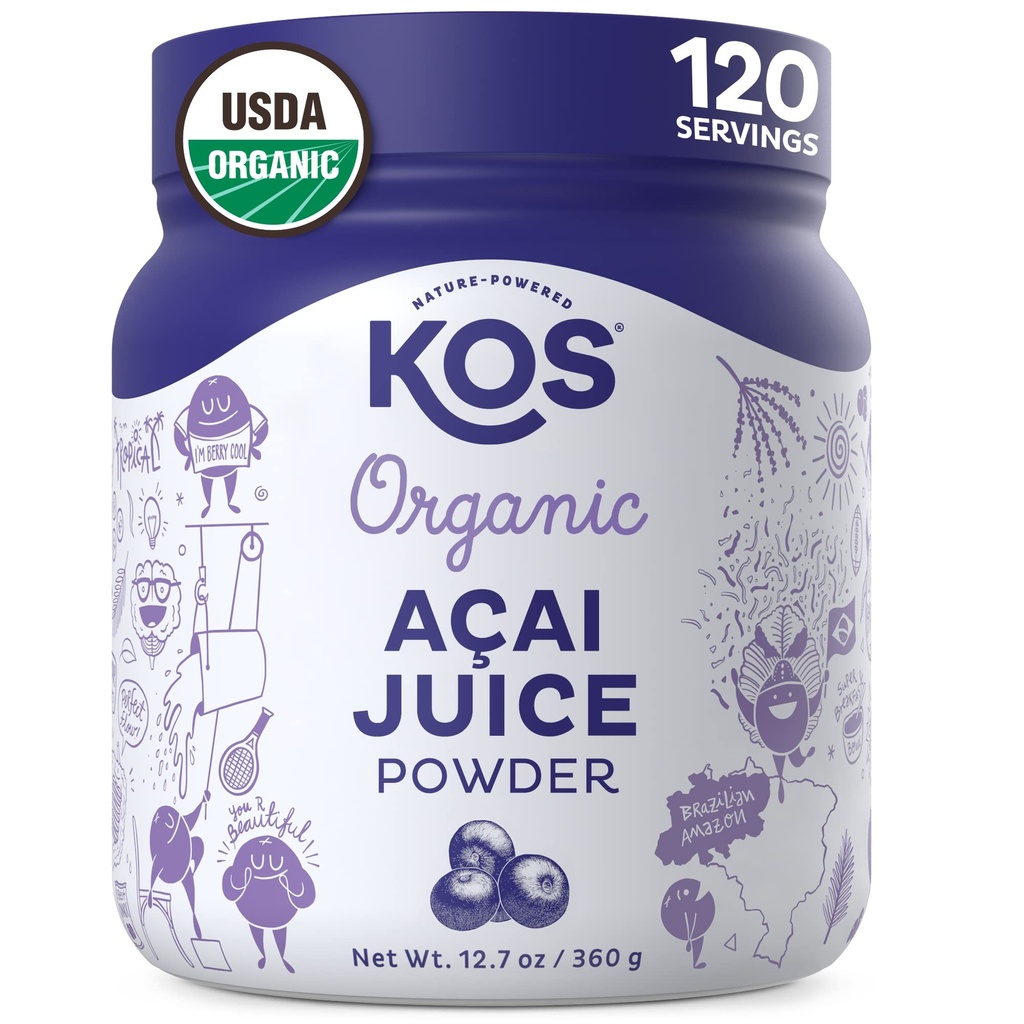 KOS Organic Acai Juice Powder - USDA Certified Organic, pe bază de plante Superfood Antioxidanti, Superberry din Brazilia, Mare pentru Smoothies și Bowls, 0g Sugar, Vegan, Gluten-Free, Non-GMO - 120 Servings