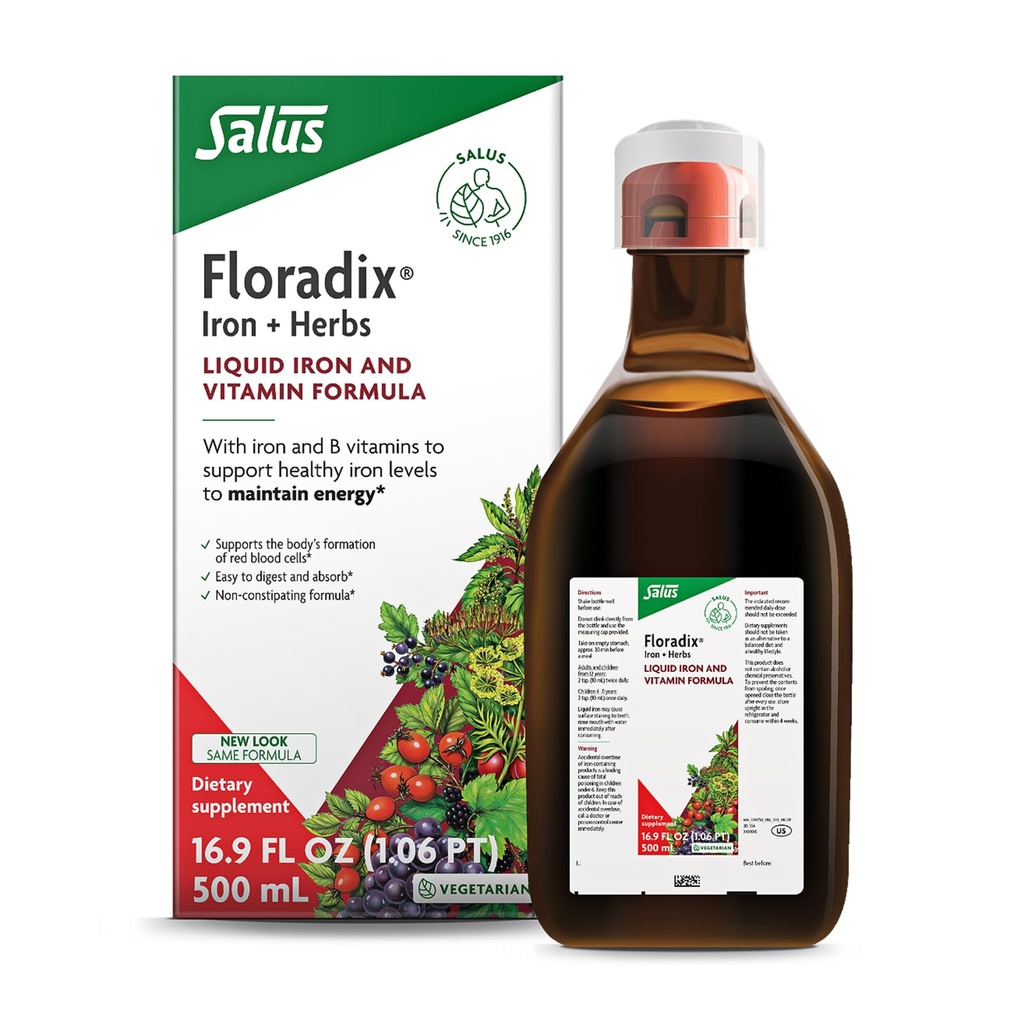 Floradix Iron & Herbs - Supliment vegetal lichid pentru suport energetic - Supliment de fier cu vitamina C & Vitamina B Complex - pentru barbati si femei - 16.9 fl oz
