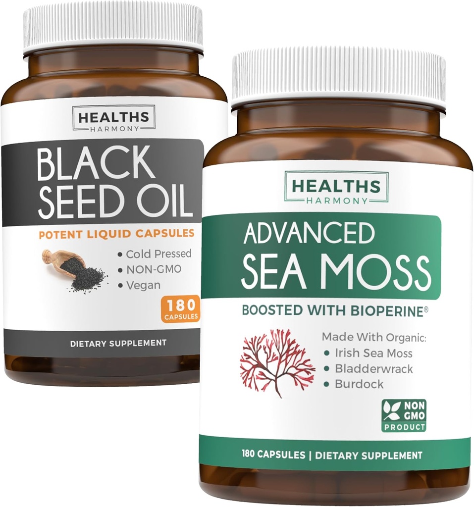Black Seed Oil & Irish Sea Moss (3-Month Supply) - Power Duo Bundle of Black Seed Oil (180 capsule) Cold-Pressed Nigella Sativa & Irish Sea Moss (180 capsule) with Bioperine and Bladderwrack