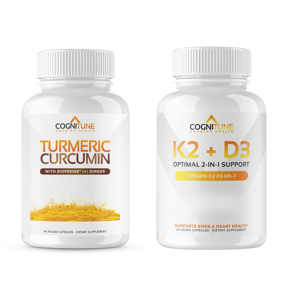 CogniTune Imune & Suport cardiovascular Bundle - Vitamina D3 5000 UI + Vitamina K2 cu Curcumin & Ginger Turmeric