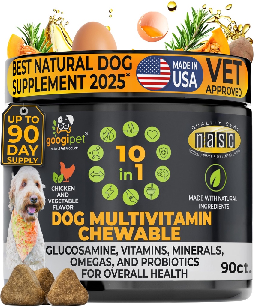 Googipet Premium 10 din 1 Vitamine de câine Multivitamine masticabile cu Probiotice pentru Sănătatea Gutului, Vitamine de câine și Suplimente C/Vitamina C & Glucosamină pentru Suport Comun (Aroma de pui și legume)