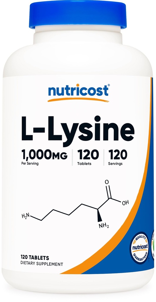 Nutricost L-Lysine 1000mg, 120 comprimate - Gluten gratuit, non-GMO, și Vegetarian Friendly