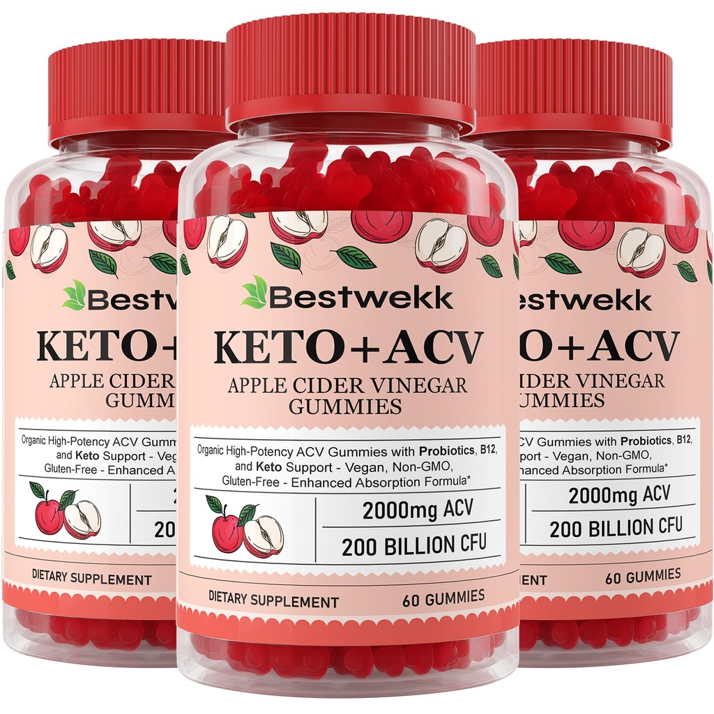 Apple Cider Otegar Gummies, Max Putere 2000mg ACV Gummy cu Probiotice, B12 și Keto Suport, Pentru Digestie, Metabolism, Detox, Gut & Immune Health, Gelatină-Free, Non-GMO, 180 keto acv gummies