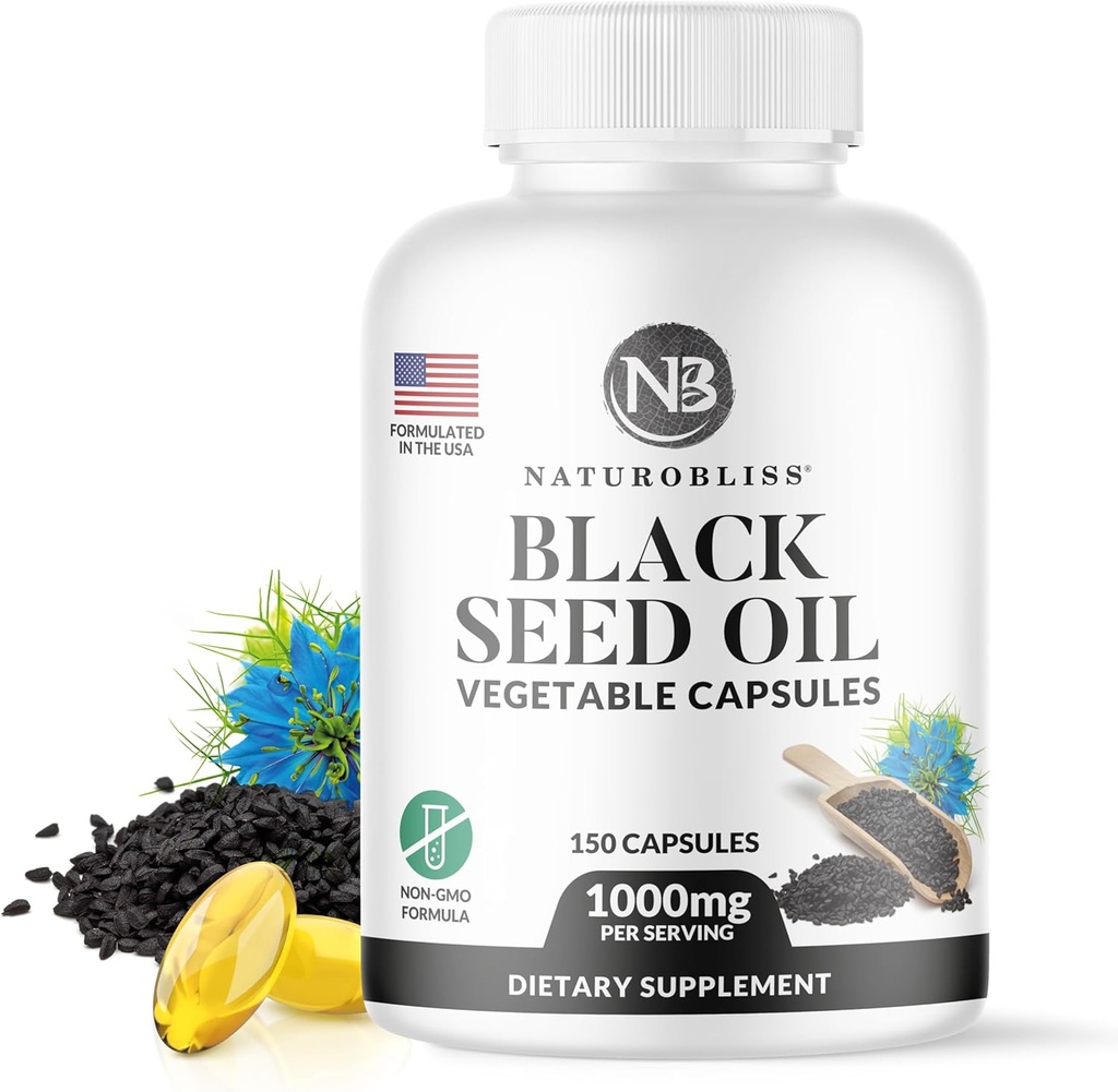 NaturoBliss Black Seed Oil - 150 Softgel Capsules Skin Health (Non-GMO & Vegan) Premium-Cold-Pressed Nigella Sativa Producând ulei de semințe de chimen negru pur - 1000 mg per 2 capsule Servire - 75 Serviri