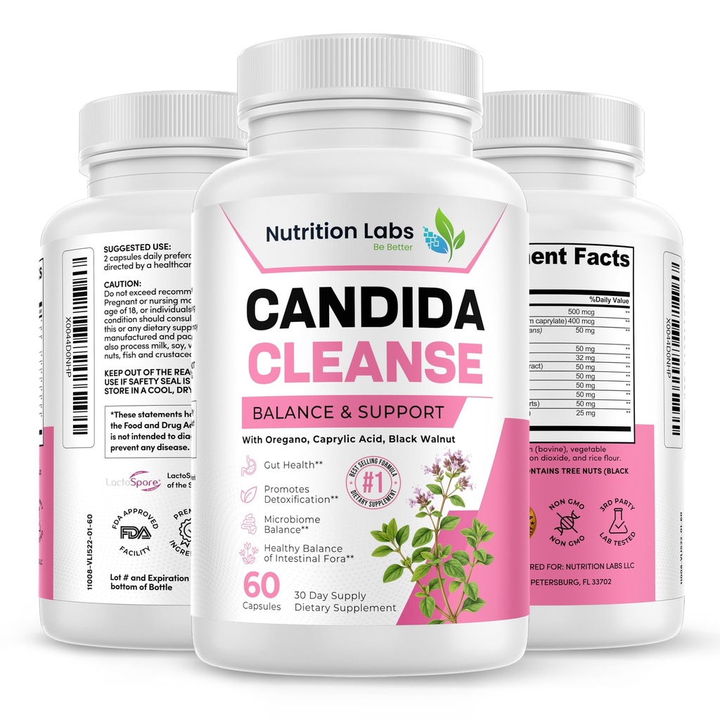 Candida Curățați Suplimentul pentru echilibru și suport, Candidase Detox, Femei și bărbați. Gut Health & Flora, nivelul pH-ului, Sănătate intestinală. Probiotice Lactospore®. Anti Drojdie Overgrowth W/ Oregano, Acid caprilic