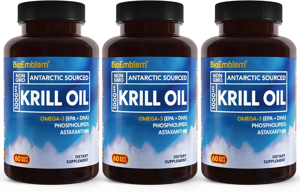 BioEmblem 3 Pack Antarctic Krill Oil 1000mg Softgels, Omega-3s Oil with High Levels of EPA + DHA, Astaxanthin, and Phospholipids, Supports Brain Health, 180-Count Non-GMO, Gluten Free, 90 Days Supply