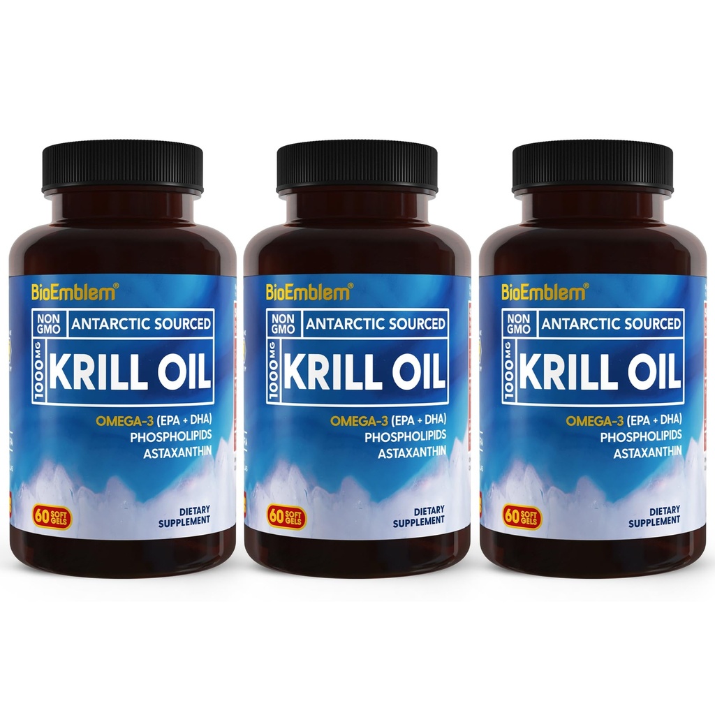 BioEmblem 3 Pack Antarctic ulei Krill 1000mg Softgels, Omega-3s Ulei cu niveluri ridicate de EPA + DHA, Astaxantină, și Fosfolipide, Sprijină sănătatea creierului, 18000Count non-GMO, Gluten gratuit, 90 zile de aprovizionare