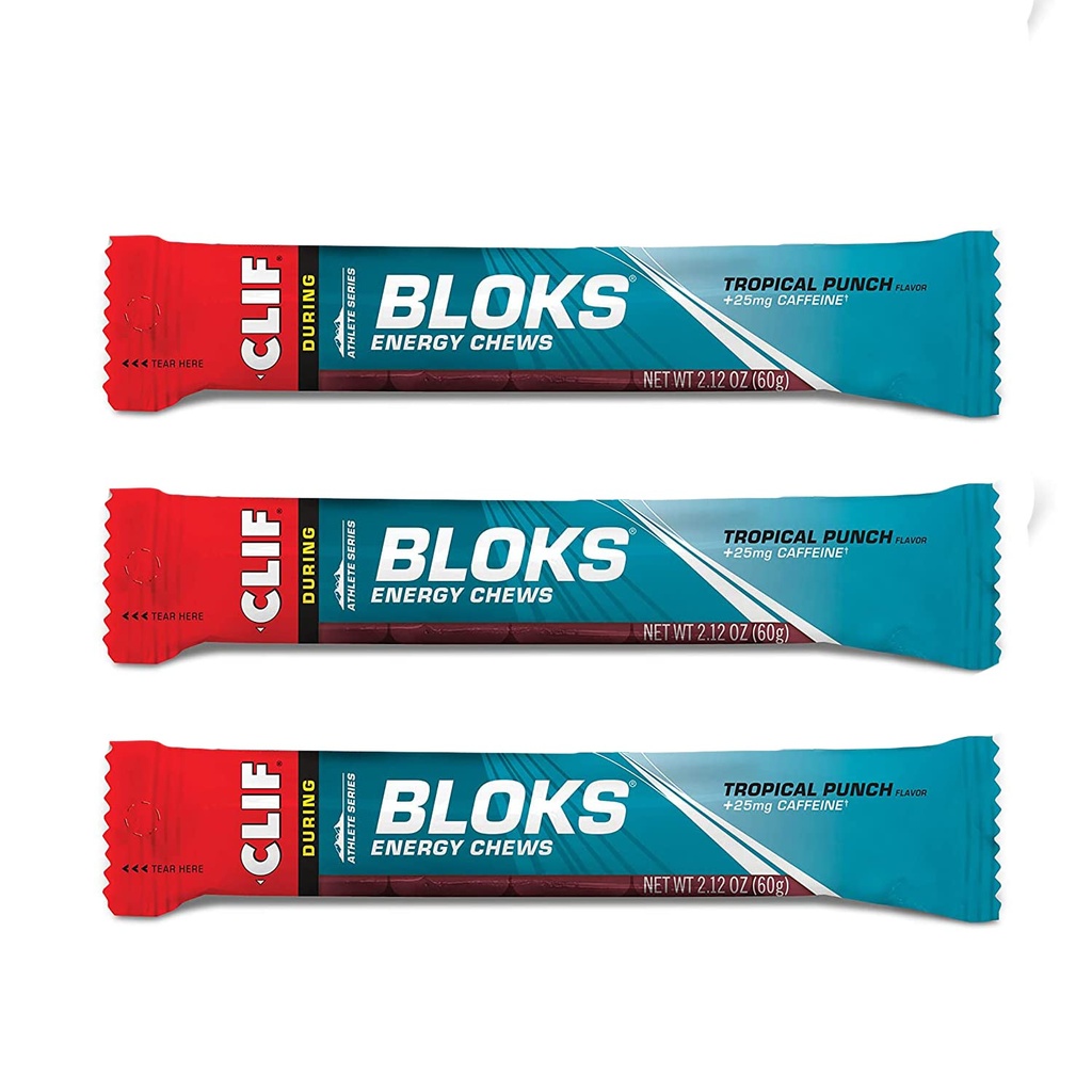 CLIF BLOKS - Energy Chews - Tropical Punch cu 25 mg Caffeine- non-GMO - Alimente bazate pe plante - Fast Fuel for Cycling and Running - Workout Snack (2.1 Ounce Packet, 3 Count)