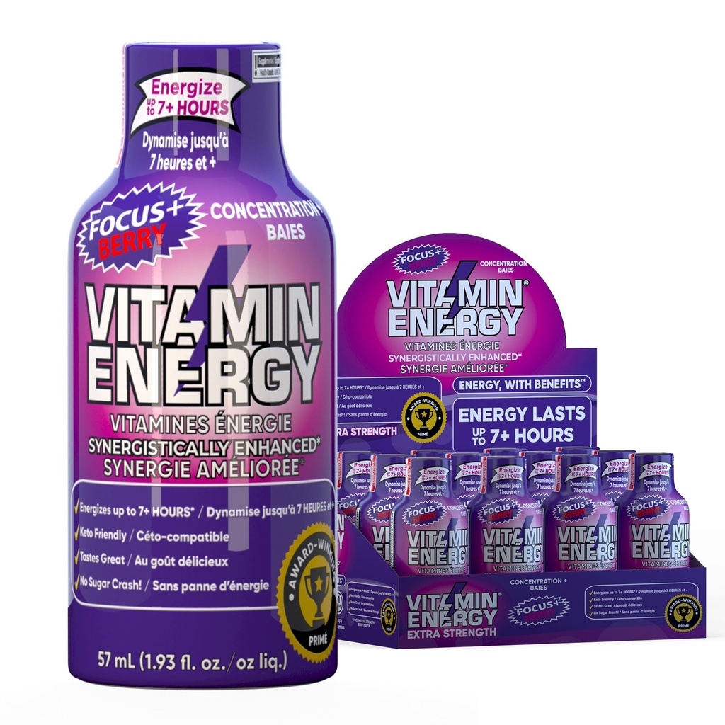 Vitamine Energie Focus+ Extra Putere Energie Shot Berry 12 Pack, 260mg Natural Cafeina, B-Vitamina, CoQ10, Amino Acidi, Focus, Productivitate & Clarity, Zero Zahăr, Gluten-Free, 1.93 fl oz