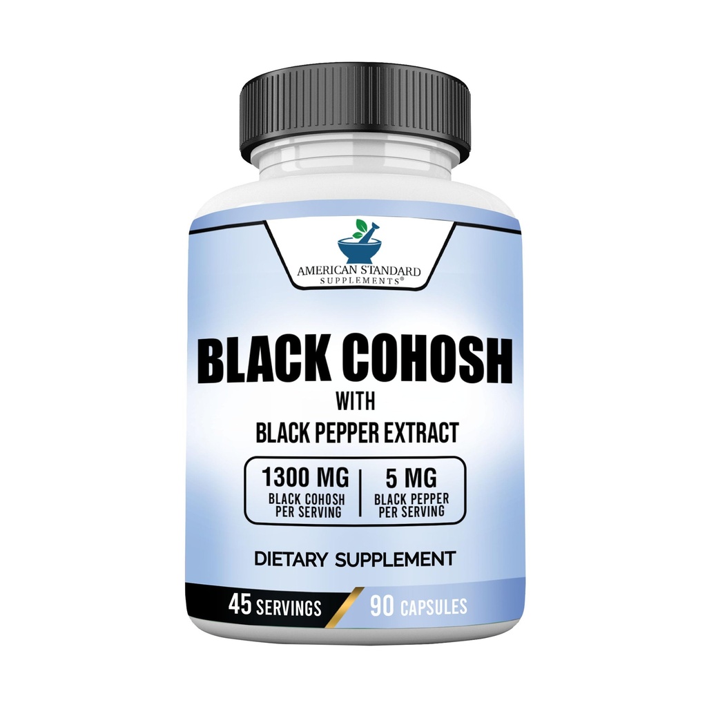 American Standard Suplimente Negru Cohosh 1300mg Per Servire cu Black Pepper Extract de fructe - Vegan, Gluten gratuit, Non-GMO, 90 capsule, 45 Serviri