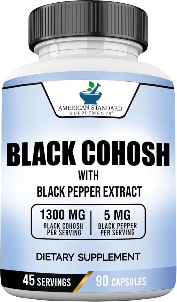 American Standard Suplimente Negru Cohosh 1300mg Per Servire cu Black Pepper Extract de fructe - Vegan, Gluten gratuit, Non-GMO, 90 capsule, 45 Serviri