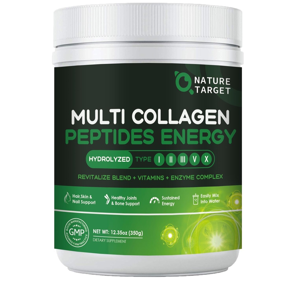 NATURĂ ŢINTĂ Multi-Collagen-Peptide-Powder - Colagen hidrolizat cu amestec energetic + Multivitamine & Minerale, Suporturi Energie Skin Coil & comun, Non-GMO, 35 Serviri