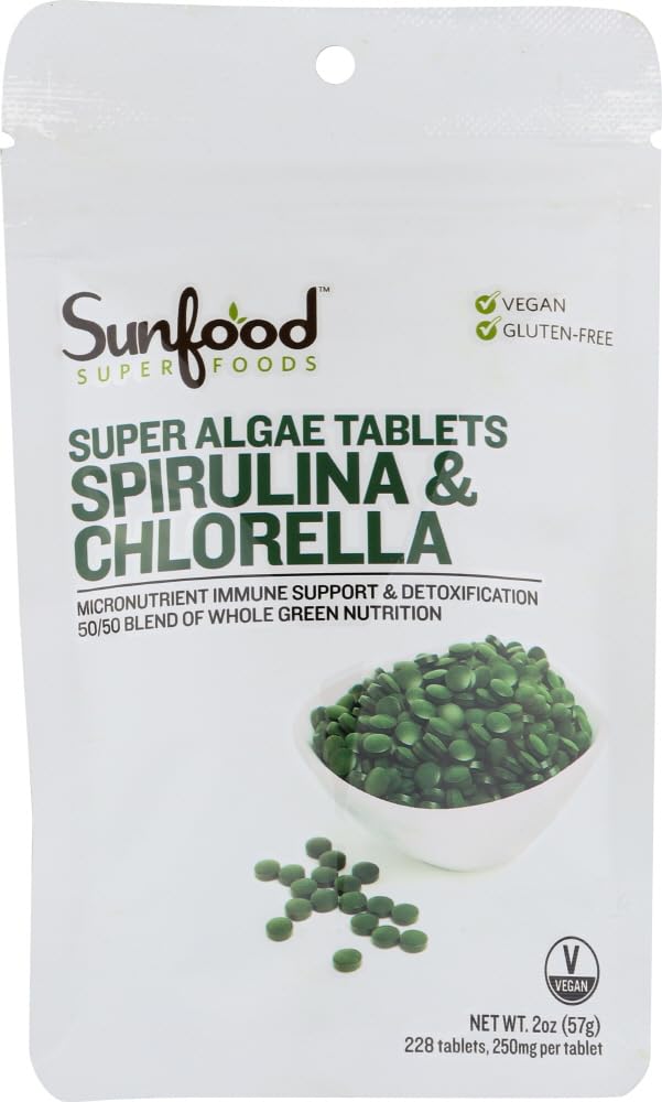 Sunfood Chlorella Spirulina Tablets - Spirulina si Chlorella Powder Pastile, Green Algae Supliment bogat în clorofila, Broken Cell Wall, Vegan - 2 oz Bag