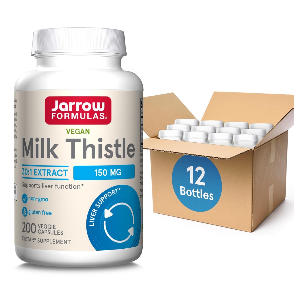 Jarrow Formulas Milk Thistle 150 mg cu extract de silimarină standardizat 30:1 Supliment alimentar pentru suport funcţional hepatic, 200 Capsule vegetale, 66-200 de zile de aprovizionare, 12 cutii