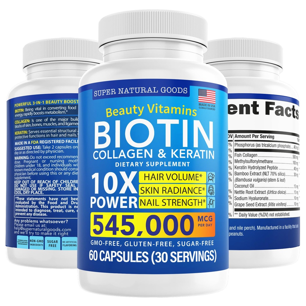 Vitamine Biotina si Colagen + Keratina cu Folat - Tratamente de pierdere a parului pentru femei si barbati - Folici, piele si unghii Suplimente pentru cresterea parului si suport postpartum - OMG gratuit & Gluten gratuit (60 capace)