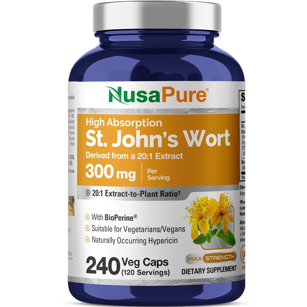NusaPure St. John's Wort 20:1 Extract, 300 mg echivalent cu 6000 mg capsule vegetale 240 (vegetarian, non-GMO) Bioperine