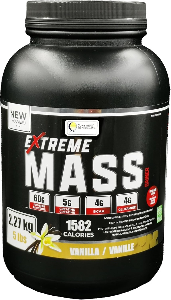 Extreme Mass Gainer Constructor musculare, 5 lb (2,27 kg) Calorii scăzute de zahăr pentru antrenamente intense (Vanilla)