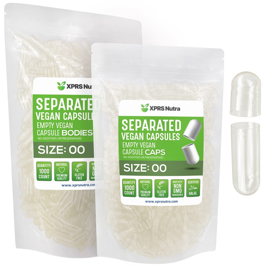 XPRS Nutra Vegan Dimensiune 00 Capsule separate - 1000 Conte Premium capsule goale separate în pungi - clar gol 00 pastile pentru umplere suplimentare DIY