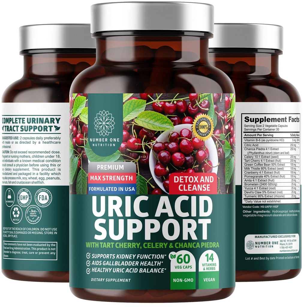 N1N Premium Uric Acid Supplement [14X Pottent Herbs] All Natural Rinichi și Acid Uric Cleanse with Tart Cherry, Milk Thistle, Cranberry, Telina, Chanca Piedra, 60 Veg Caps