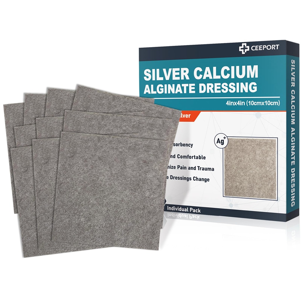 Ag Silver Calciu Alginate Pad-uri de dressing, 4'x4' patch-uri, 10 Pack individuale, Dressings de argint moale pentru îngrijirea rănilor, Dressing blând extrem de absorbante, Pad-uri de tifon non Stick pentru răni