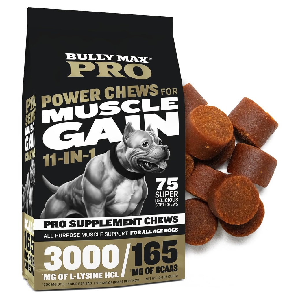 Bully Max 11-in-1 Muscle Gain Chews putere - supliment de caine cu proteine mari cu aminoacizi - Tratamente sanatoase pentru catelusi si caini adulti - Constructor muscular Premium pentru toate Rasele - 75 Chews câine moale gustos