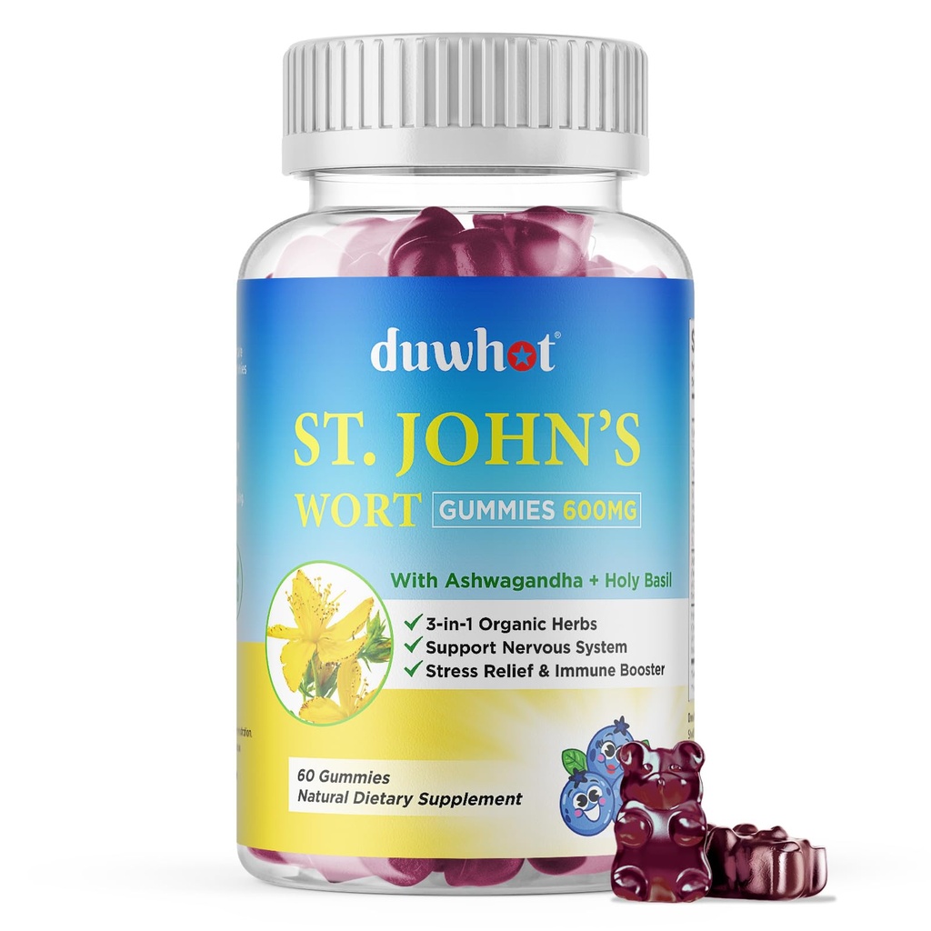 Gumiile de mentă ale Sfântului Ioan 600mg, 3 în 1 Suplimente de plante organice pentru ajutorarea stresului, Suportul Sistemului Nervos, cu extract de Basil Ashwagandha & Holy pentru adulți și copii, Non-GMO, Vegan, 60 ct.