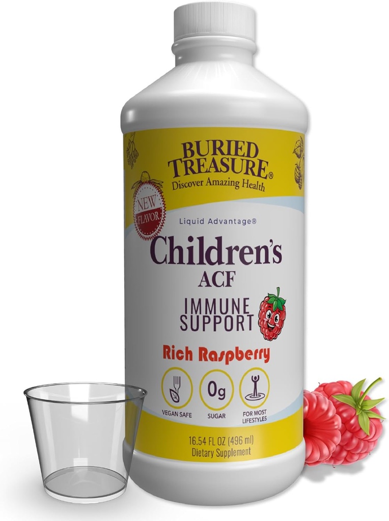 Îngropat Treasure Children ACF Advanced Immune Support, Cherry Flavor, 16oz w/Dose Cup, Immune Booster Supliment pentru copii, Liquid Herbal Imunity Formula w/Vitamina C Elderberry Enchinaceae Zinc
