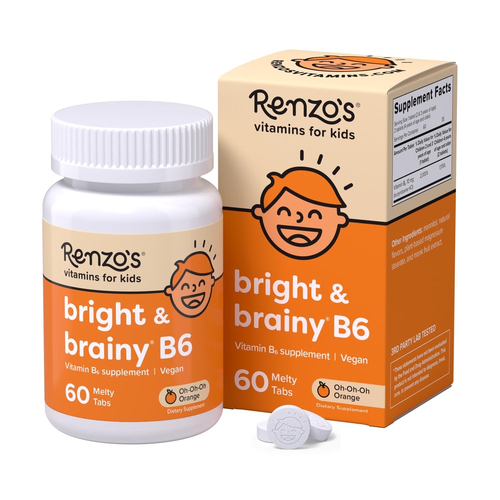 Renzo's Bright & Brainy Vitamina B6, Dissolving Kids Vitamina B6, 60 Sugar-Free Melty Tabs, Oh Orange Flavored