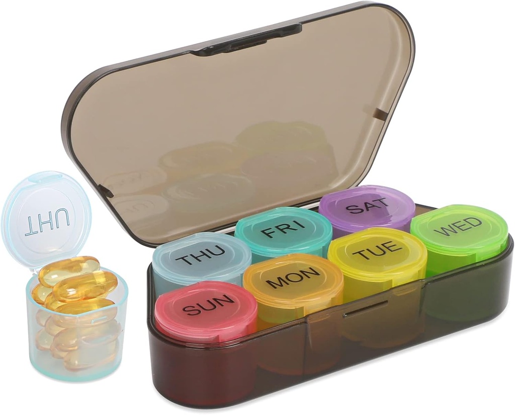 NatureTouch Weekly Pill Organizator, BPA Free Medicine Organizator Rainbow 7 zile Pilula cutie, Daily Portable Pill Container pentru pastile/Vitamin/Fish Oil/Supplements [Ultima versiune], Black