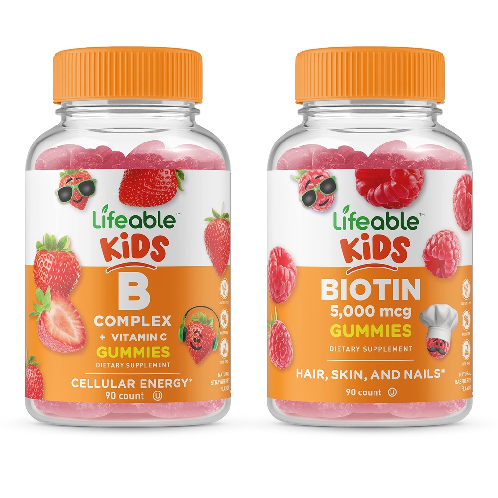 Complex B Lifeable Kids + Biotin Kids, Gummie Bundle - mare Tasting, Supliment de vitamine, Gluten gratuit, OMG gratuit, Guma de mestecat