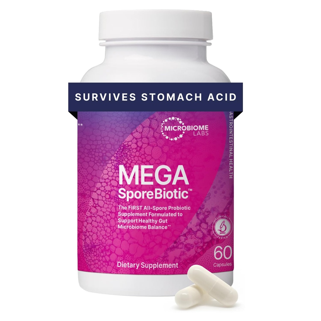 Microbiome Labs MegaSporeBiotic Probiotice pentru femei si barbati - Spore-Based Probiotic pentru sanatate si suport digestiv - Perioada de valabilitate, Calatorie-Friendly, Mens & Womens Probiotics (60 capsule)