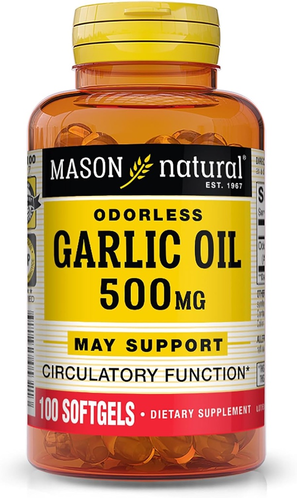 MASON NATURAL Ulei de Usturoi 500 mg Supliment Allium Sativum - Suporturi Funcţie de circulaţie sănătoasă, 100 Softgels