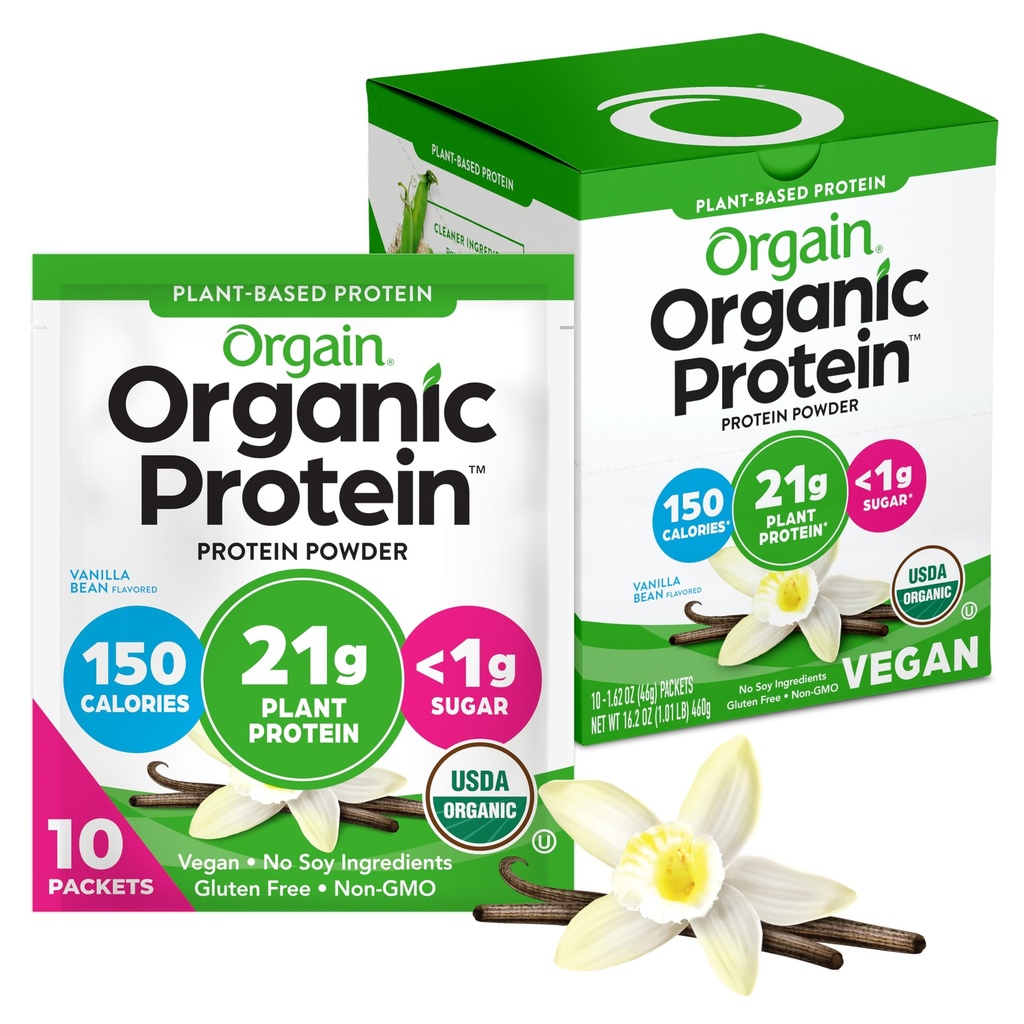 Orgain Organic Vegan Proteine pulbere, Vanilla Bean - 21g Proteina plantelor, 5g Prebiotic Fiber, Carb scăzut, Nu Ingrediente Lactoză, Nu Adăugat zahăr, Non-GMO, Pentru Shakes & Smoothies, 10 pachete de călătorie