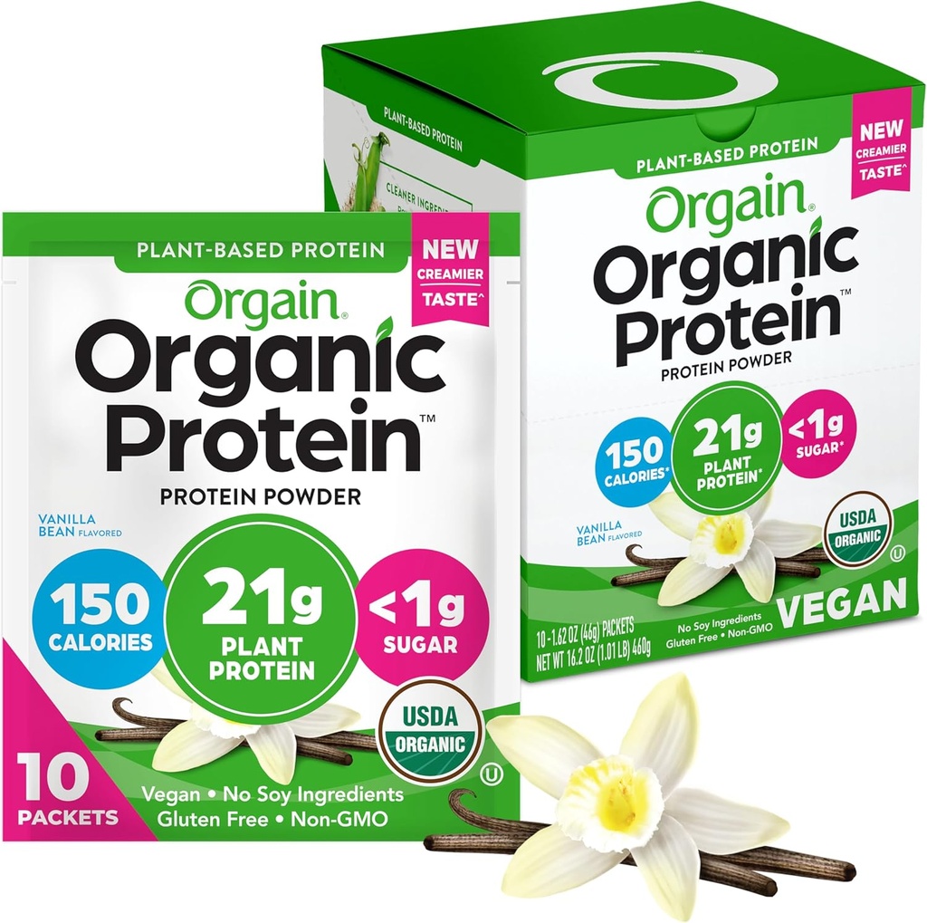 Orgain Organic Vegan Proteine pulbere, Vanilla Bean - 21g Proteina plantelor, 5g Prebiotic Fiber, Carb scăzut, Nu Ingrediente Lactoză, Nu Adăugat zahăr, Non-GMO, Pentru Shakes & Smoothies, 10 pachete de călătorie