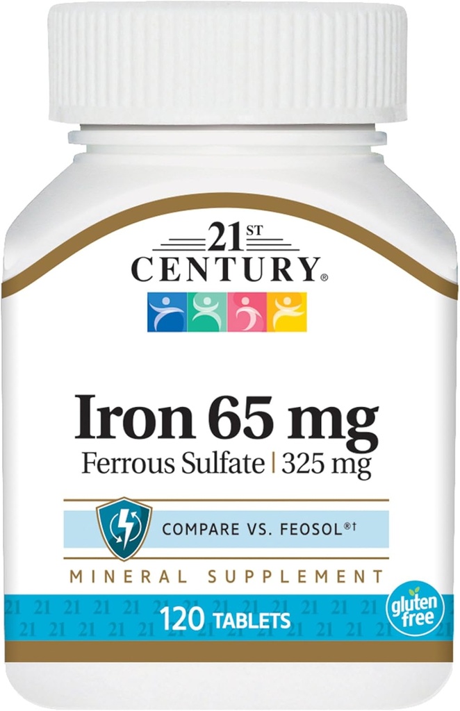21st Century Iron 65 Mg Ferrous Sulfate 325 Mg Tablets, 120 Count (Pachet de 2)