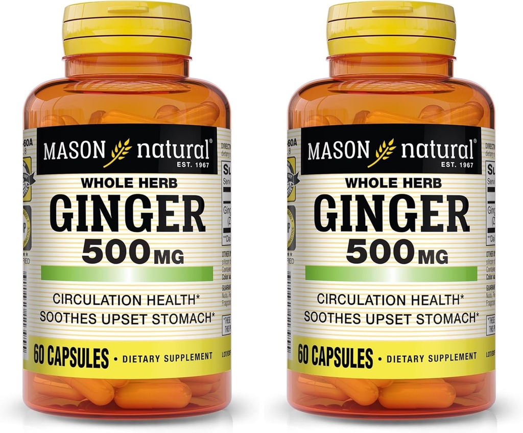 MASON NATURAL întreg Herb Ginger 500 mg, Supliment natural din plante, 60 capsule (Pachet din 2)