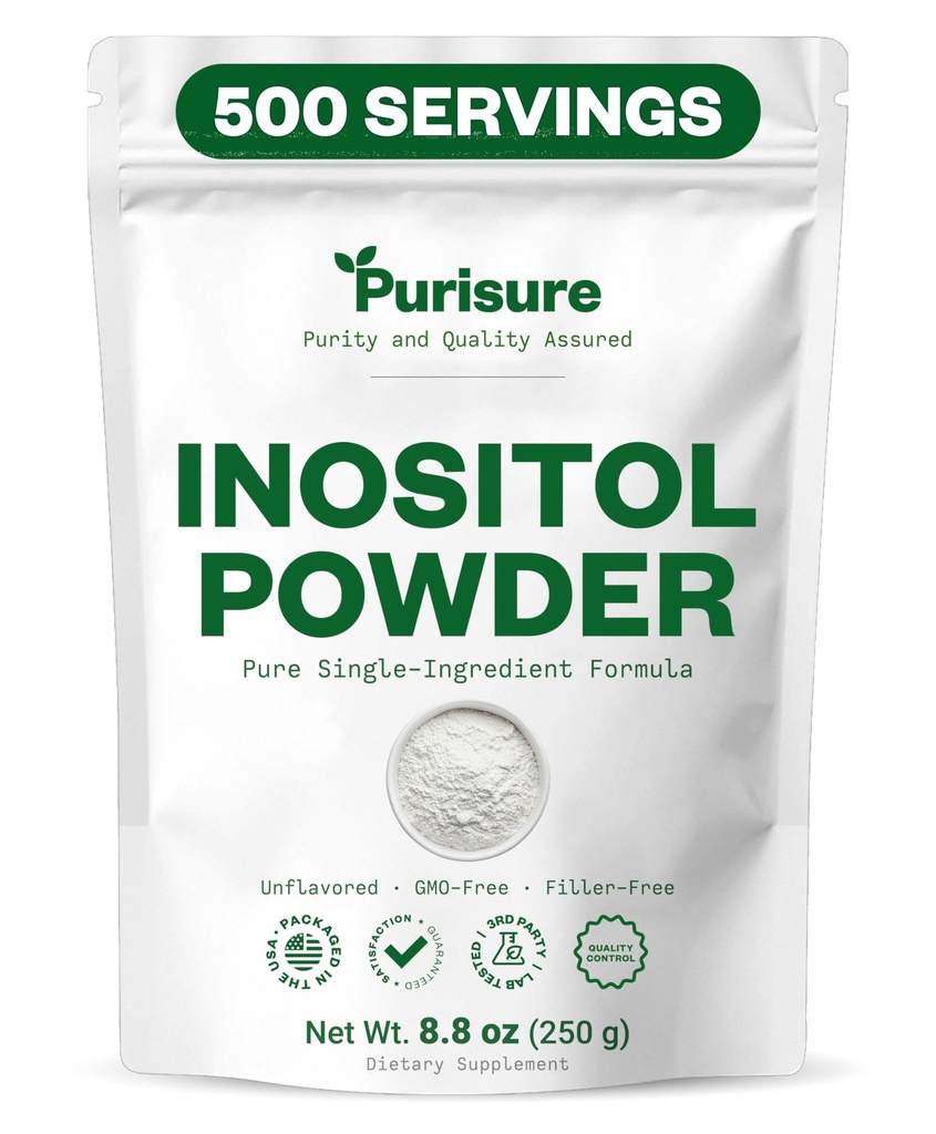 Purisure Myo-Inositol Powder, 250g, Fertilitate, Echilibru hormonal şi suport ovarian, Pure Inositol Powder, Myo Inositol Supliment pentru a sprijini energia şi wellness creier, Vegan, non-OMG, 500 Serviri