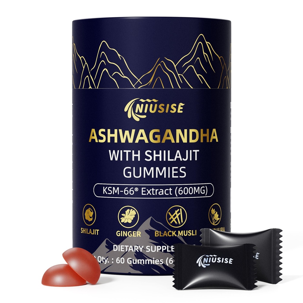 Ashwagandha Gummies cu Shilaj 300mg pentru femei si barbati, Zero Sugar Ashwagandha Suplimente cu Maca Root Powder 