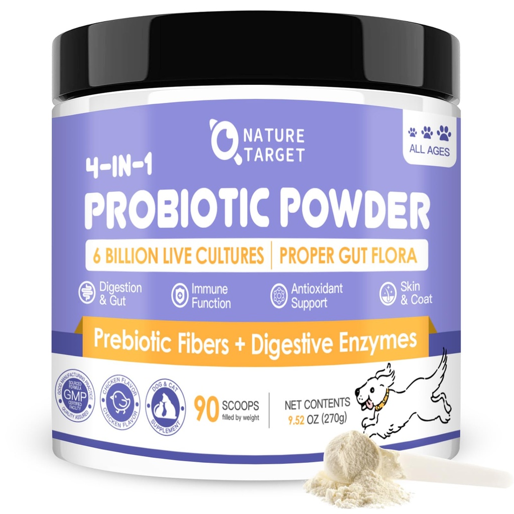 Natura Probiotice ŢINTĂ pentru câini - Probiotice câine, Plus Enzime Prebiotice, Digestive, Fiber, Suport Gut, Immune Health, 6 Miliarde CFU Dog Powder Probiotic, Relieve Diaree, Loose Stool, 90 Scoops