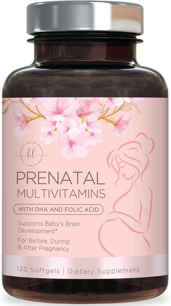Vitamine prenatale pentru femei cu acid folic & DHA, suport pentru dezvoltarea creierului fetal cu Folate & Omega 3, Multivitamine cu vitamina A, C, D, B6, B12 & Fier, Supliment de sarcină - 120 Softgels