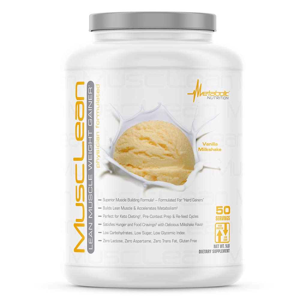 Nutritie metabolica - Musclean - Milkshake, Inlocuire mare de proteine de masă, Întreținere Nutriție, Carb scăzut, Dieta Keto, Enzime digestive, Vanilie, 5 Lire (50 ser)