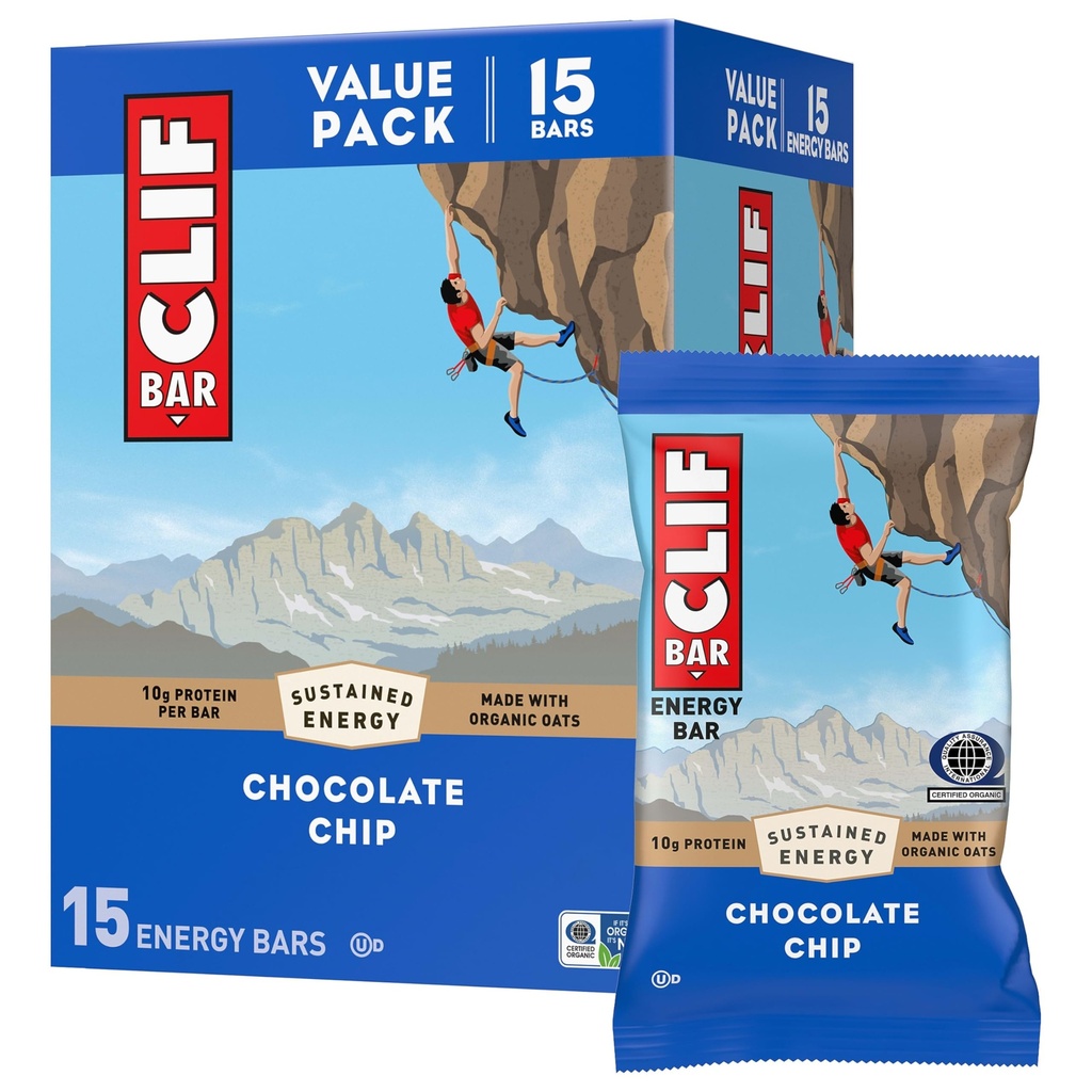 CLIF BAR - Bare de proteine energetice - Ciocolata Chip - Made with Organic Oats - Energy Bars - Non-GMO - (15 Pack)