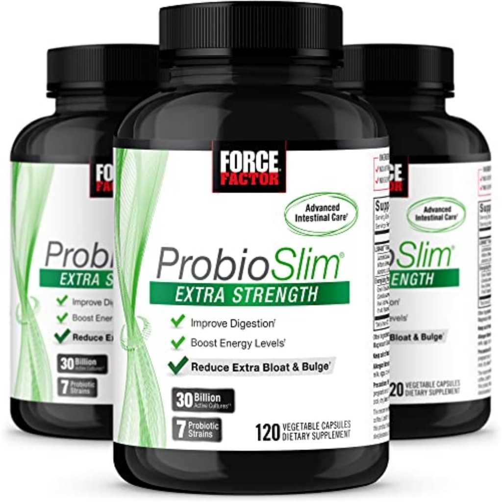 Force Factor ProbioSlim Extra Putere Supliment probiotic pentru femei și bărbați cu 30 miliarde CFU și extract de ceai verde pentru suport de sănătate Gut, Blooting și gaz Relief, 120 Conte (Pachet de 3)