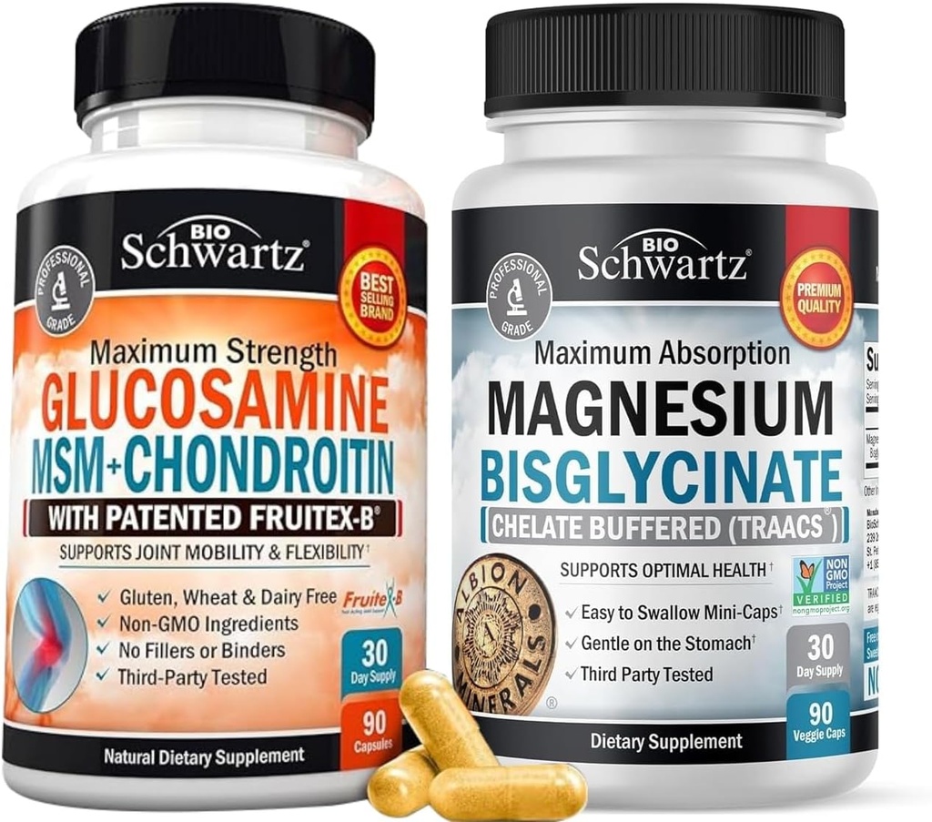 Absorbţie mare Capsule cu biglicinat de magneziu (1 lună de aprovizionare) Plus Glucosamină Chondroitin MSM Triple Supliment cu suport comun de rezistenţă (1 lună de aprovizionare)