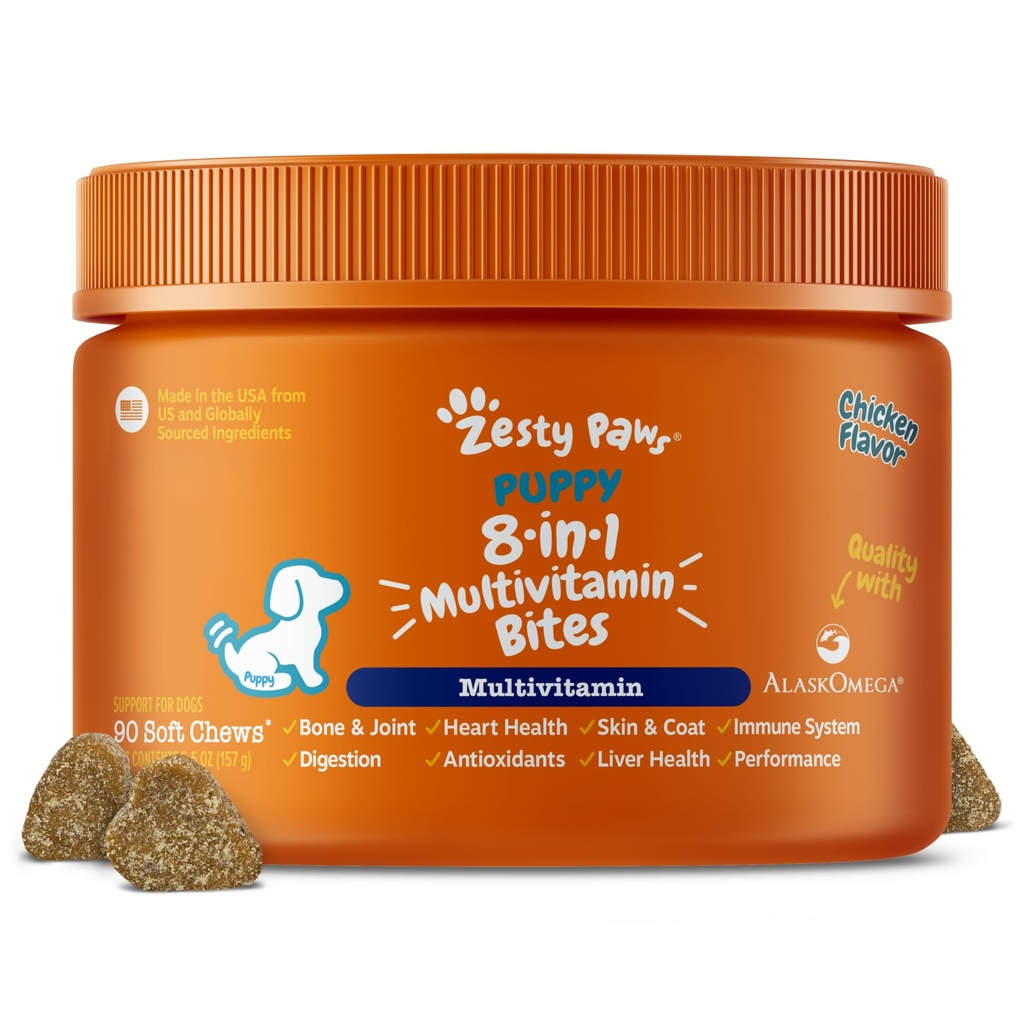 Zesty Paws Dog Multivitamine, Vitamine de câine masticabile și suplimente pentru Hip & Joints, Piele & Coat, Omega 3 ulei de pește pentru câini- catelus Multivitamine - Chicken Puppy Bites- 90ct
